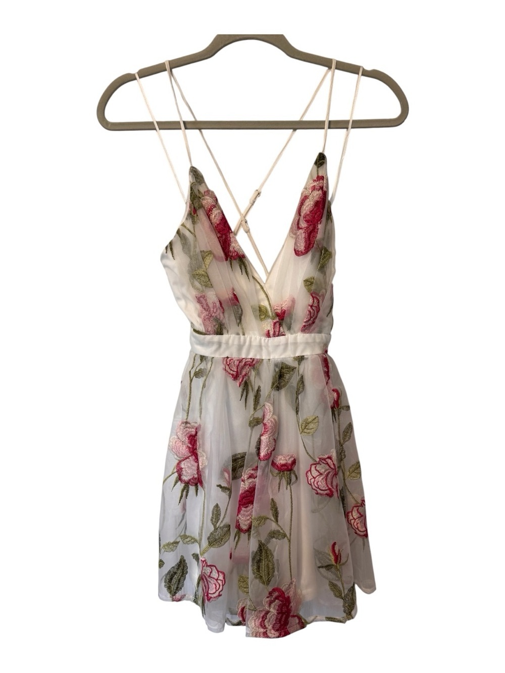 LUXXEL Floral Embroidered White/Pink Spaghetti Strap Mini Dress Sz S /small flaw
